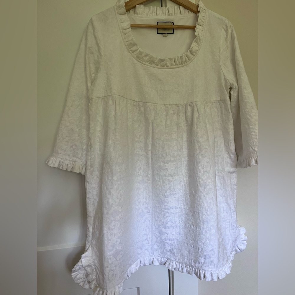 Tuckernuck Clara White Mini Dress Ruffle Cross Stitch Empire Medium - Picture 5 of 8